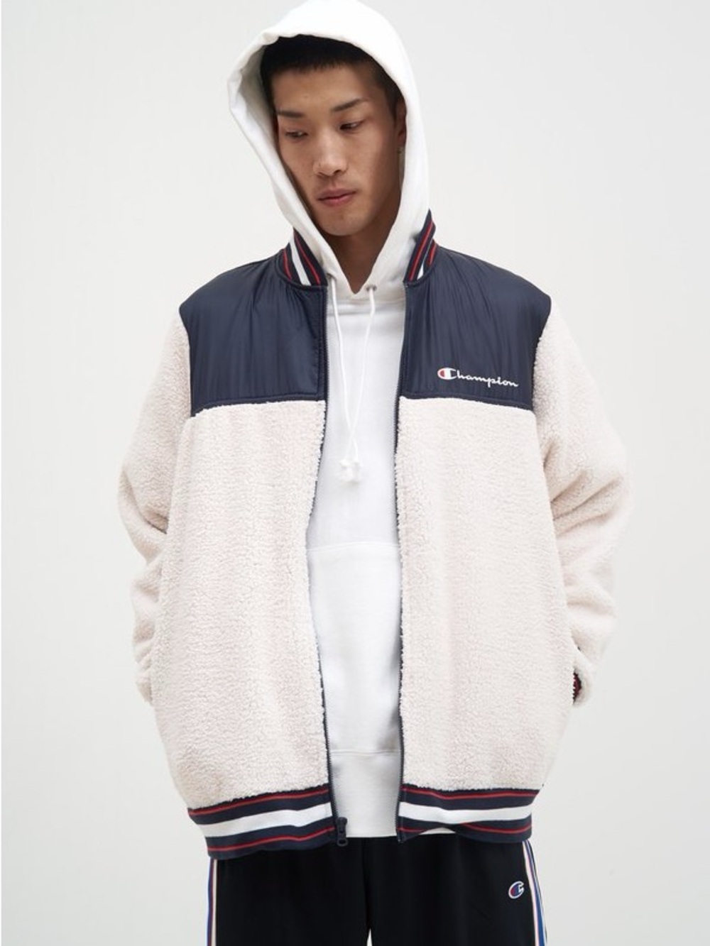 Champion Cream Sherpa Bomber Jacket with Navy Yoke